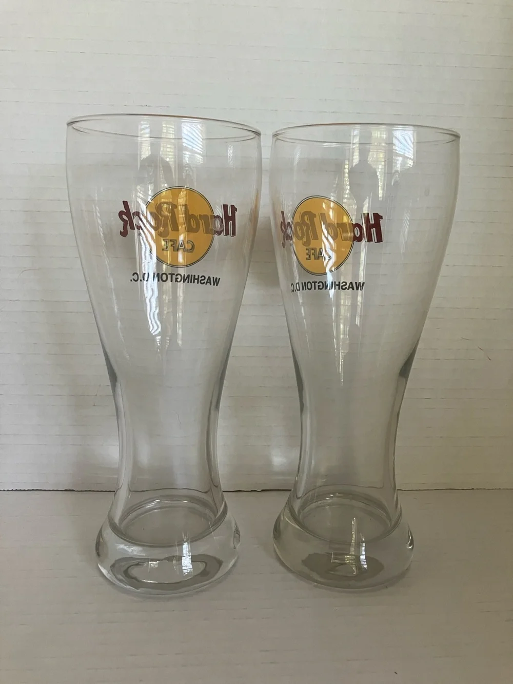 2 Hard Rock Cafe Clear Pint Glasses with Yellow and Brown Logo - Washington D.C.